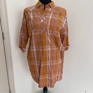 PrAna Organic Cotton Tencel Plaid Shirt Dress Tunic Roll Tab Sleeve Size M